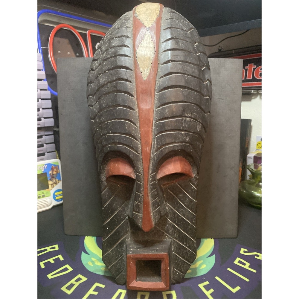 African Ghana fang mask Vintage Free Standing Flat Bottom Rare Black Red Large